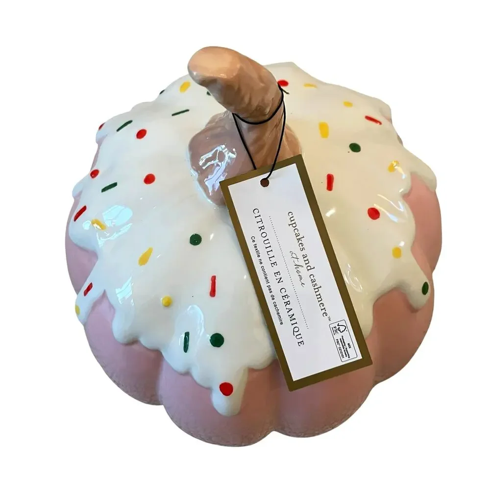 Frosted Sprinkle PINK Cupcake Ceramic Halloween Pumpkin 9.5